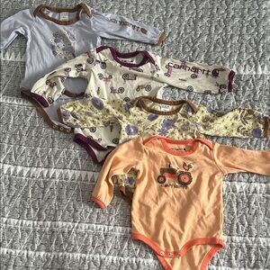 Lot of 4 Carhartt girls long sleeve onesies Set - Orange, Cream, Purple